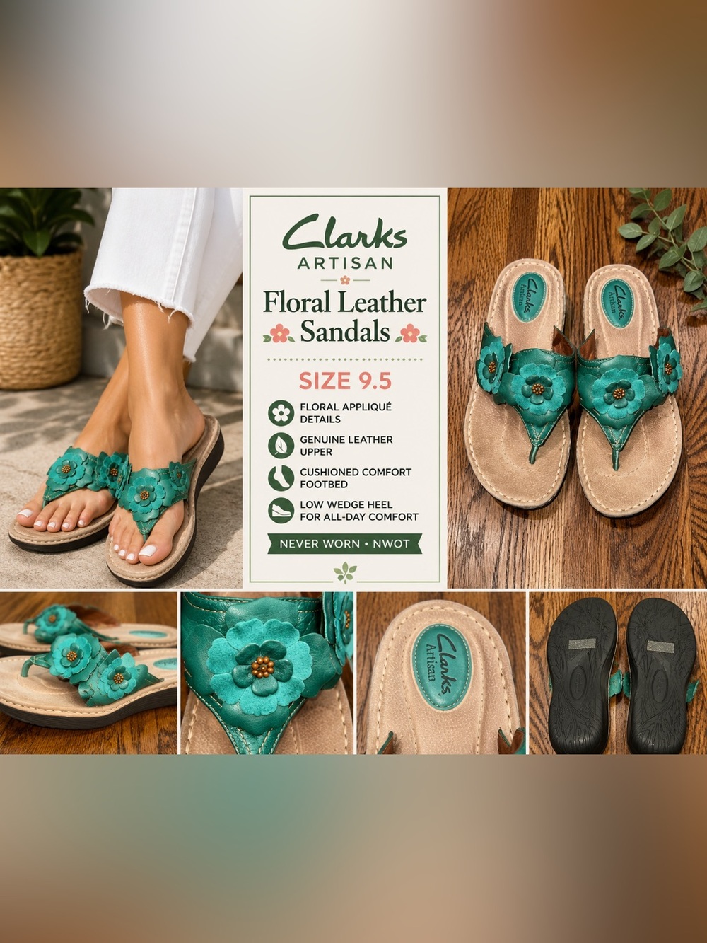 Clarks Artisan Green Floral Leather Flip Flop Sandals Women’s Size 9.5